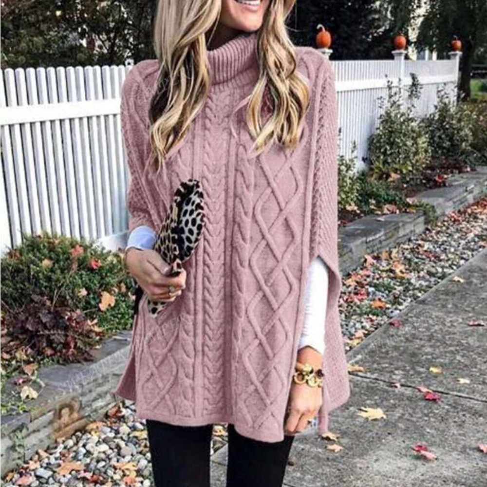 Cozy Pink Turtleneck chunky Cable Knit Poncho Sweater Top